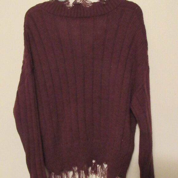 BKE Sweater Small V Neck Brown Destructed Cable Knit Frayed Pullover Oversize - Picture 3 of 7